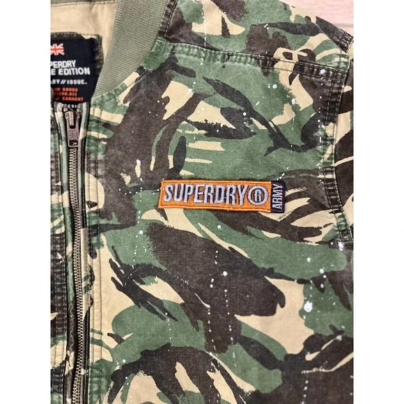 Superdry Camouflage Bomber Jacket Green Men's Size M Rib Knit Long Sleeve Zip Up